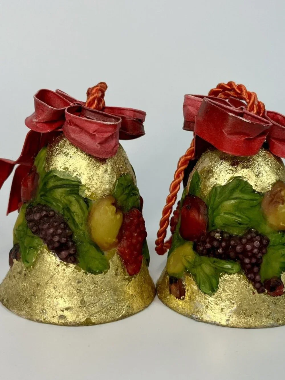 Dept 56 Gold Foil Bells RaisedFruit Design OrnamentWired Ribbon HTF Set Of 4